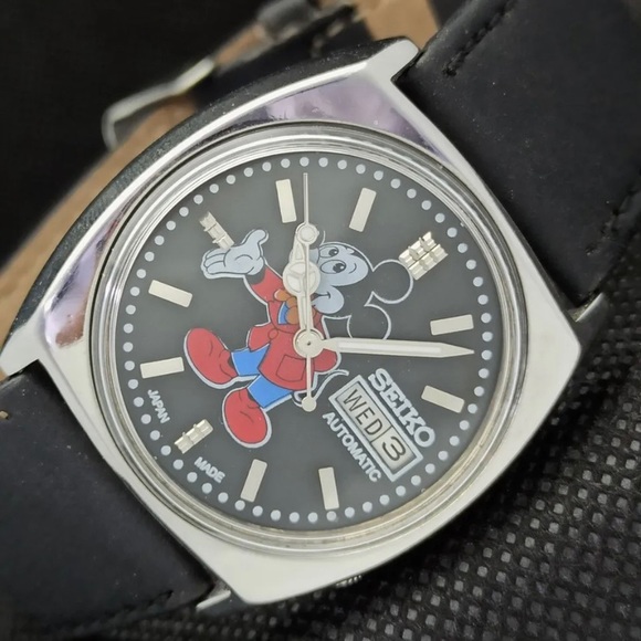Seiko Other - Vintage Automatic 70s Seiko Mens Disney Silver Watch W/Leather Strap! & Day Date